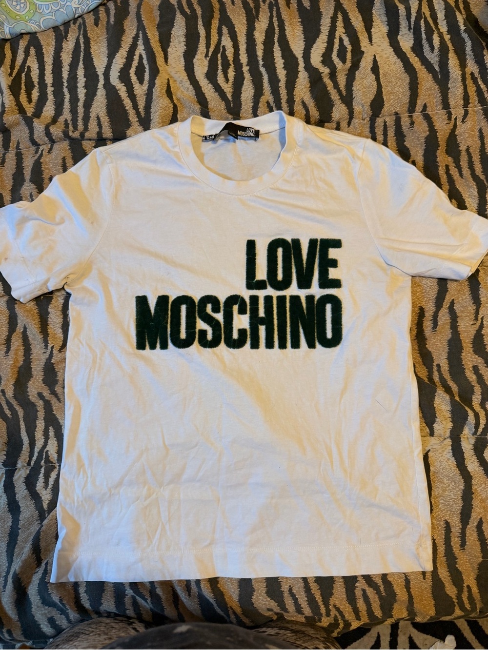Moschino White Tee with Dark Green 'LOVE MOSCHINO' Logo